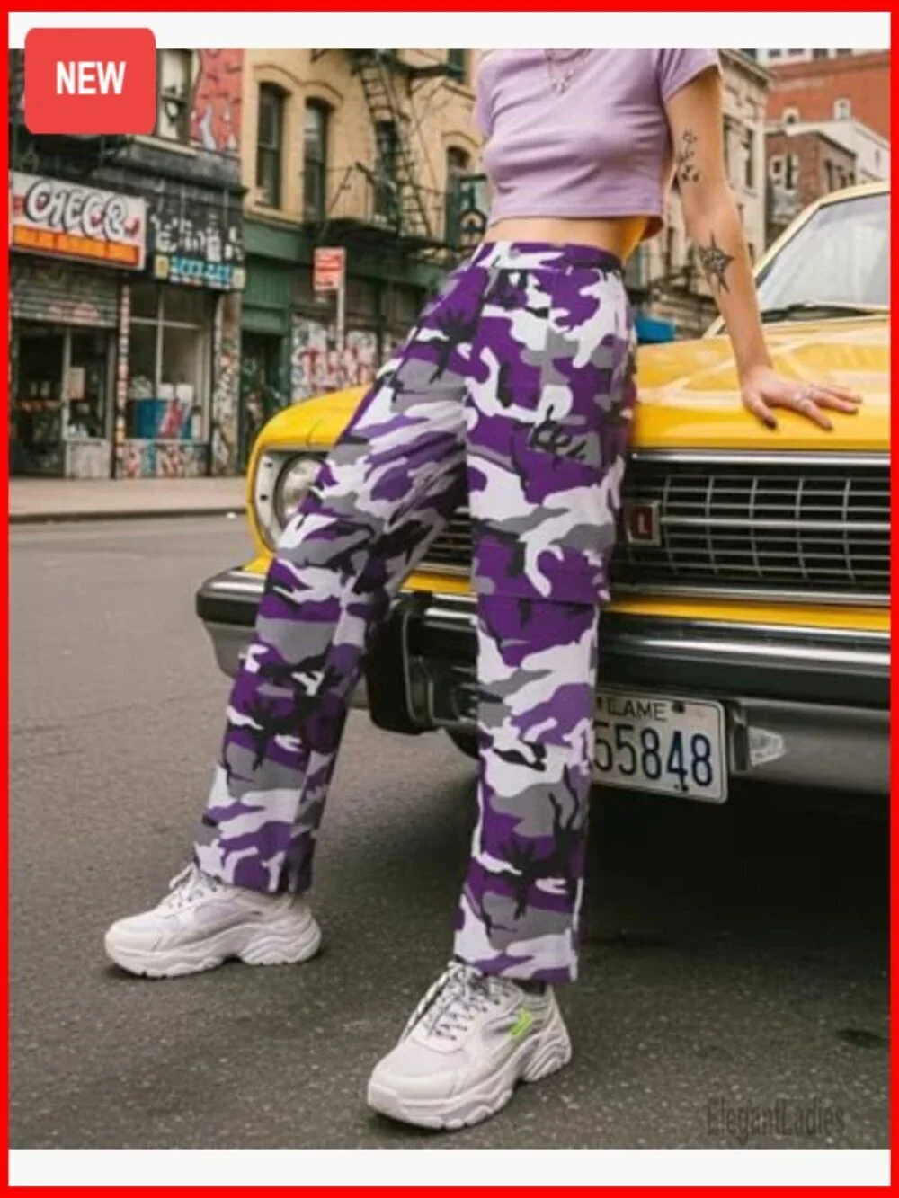 Black Camo Mid Elastic Waisted Relaxed Fit Cargo Pants